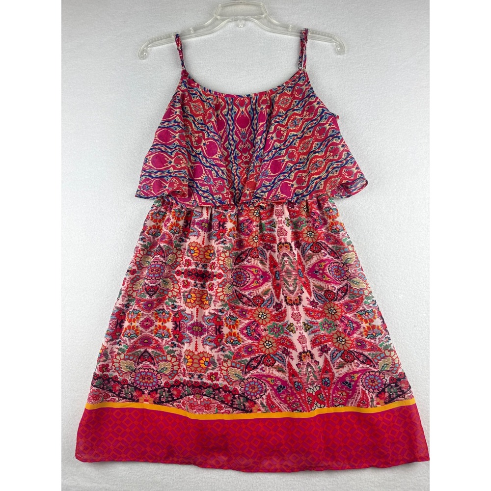 Red Camel Womens Pink Paisley Floral Ruffle Popover Mini Sun Dress Size M